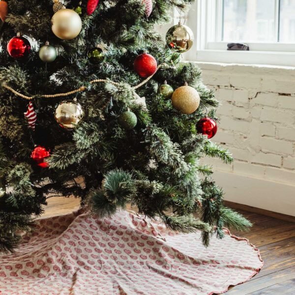 Red and Tan Block Print Cotton Tree Skirt